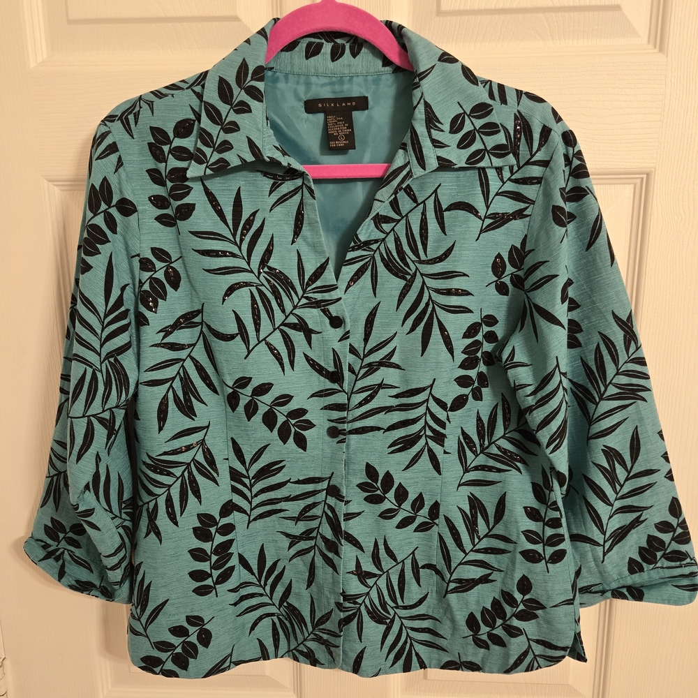 Silkland Women's Blue and Black Silk Button Front Top Size Large